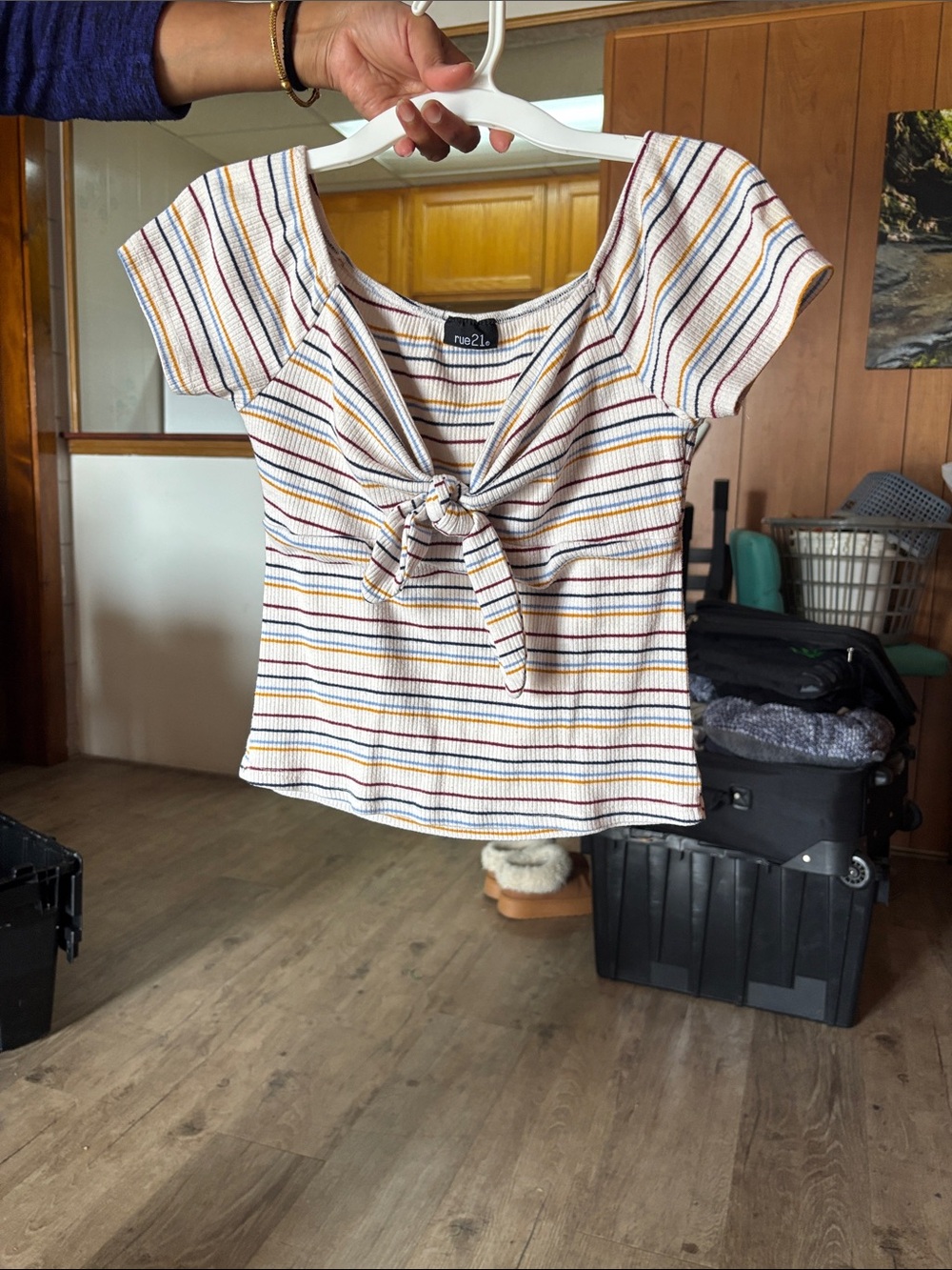 Rue21 Cream Multi-Stripe Front Tie Crop Top